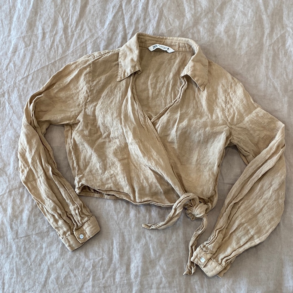Tan linen wrap front top